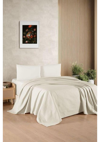 Kristal Bamboo Lastikli Çarşaflı Çift Kişilik Pike Takımı Krem