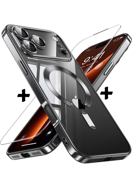 iPhone 17 Pro Max Kılıf Magsafe Şarj Destekli Renkli Parlak Kenarlı Arkası Şeffaf Silikon + Ekran Koruyucu Cam Set 2in1