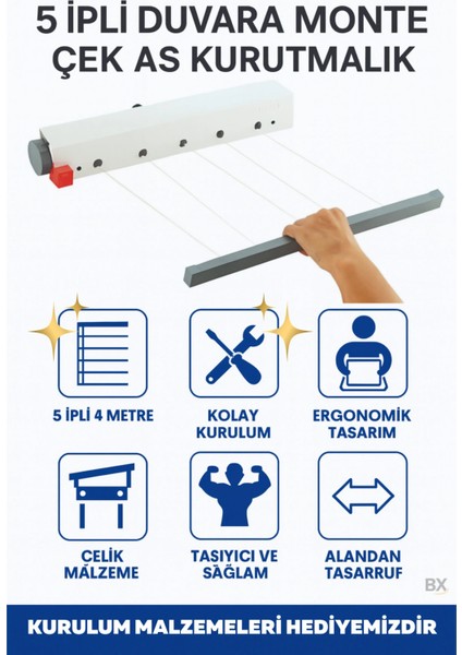 Ergonomik Çamaşırlık 5 Metre 5 Ip, Kaliteli Ipler, Önce Çek Sonra Sabitle, Kurulum Dahil