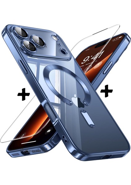 iPhone 17 Pro Kılıf Magsafe Şarj Destekli Renkli Parlak Kenarlı Arkası Şeffaf Silikon + Ekran Koruyucu Cam Set 2in1