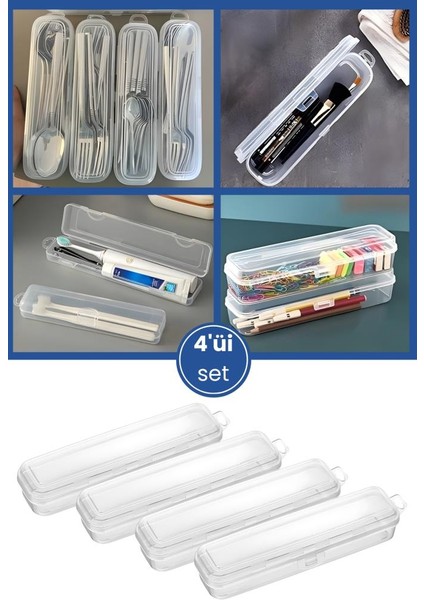 4’lü Aksesuar Kutu Seti, Çatal Kaşık Bıçak Diş Fırçası Traş Bakım Makyaj Kalem Saklama Kabı Baskısız