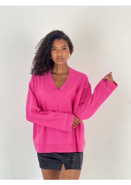 Kadın V Yaka Pembe Triko Kazak