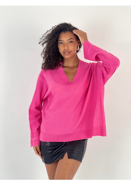 Kadın V Yaka Pembe Triko Kazak modelleri