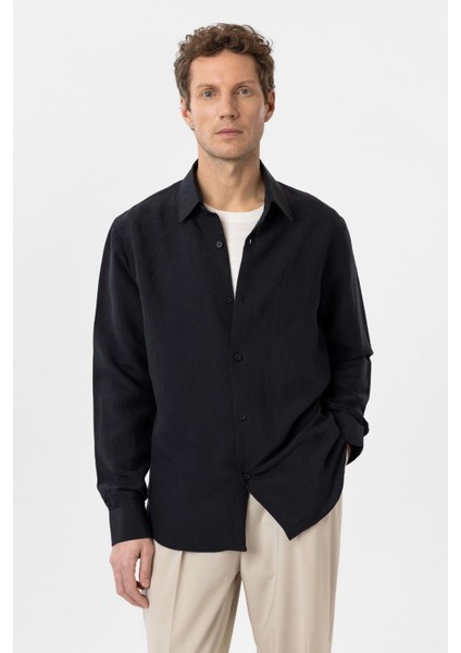 Siyah Relax Fit Modal Kumaş Erkek Gömlek
