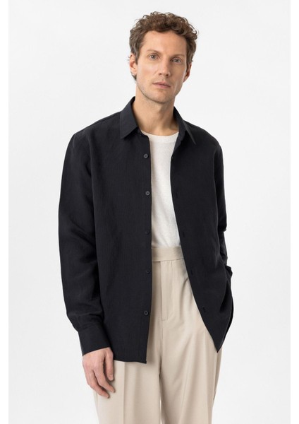Siyah Relax Fit Modal Kumaş Erkek Gömlek fırsatları