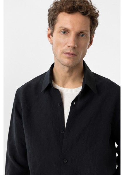Siyah Relax Fit Modal Kumaş Erkek Gömlek indirimleri