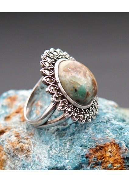 925 Ayar Gümüş Oltu Zümrütü Kadın Yüzük SY00099