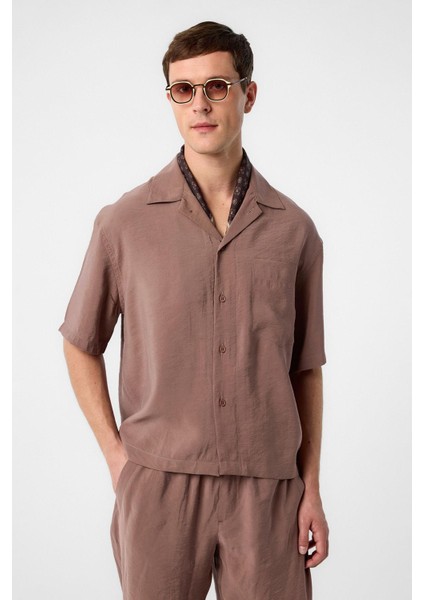 Kahve Apaş Yaka Modal Kumaş Erkek Gömlek