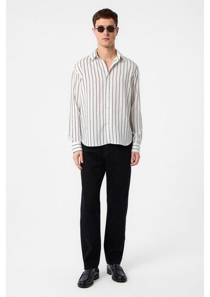 Beyaz Relax Fit Çizgili Erkek Gömlek modelleri