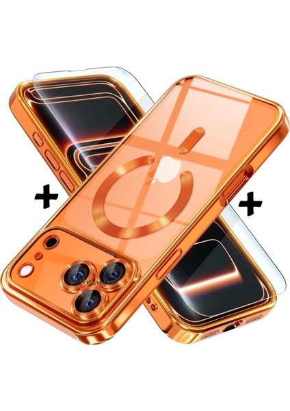 iPhone 17 Pro Max Kılıf Magsafe Şarj Destekli Renkli Parlak Kenarlı Arkası Şeffaf Silikon + Ekran Koruyucu Cam Set 2in1