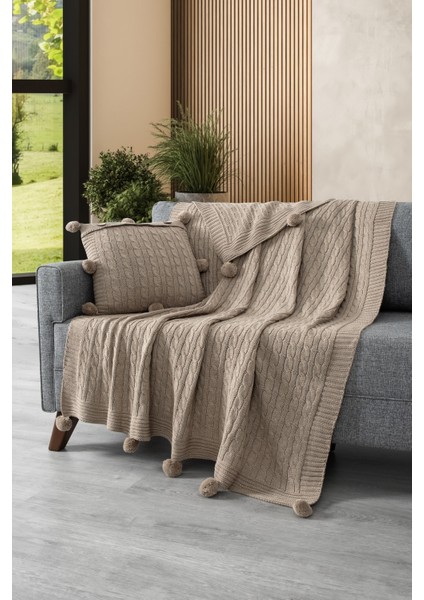 2'li Takım Ponponlu Triko Örme Kırlent Kılıfı & Tv Battaniyesi- Omuz & Koltuk Şalı Seti-Bej