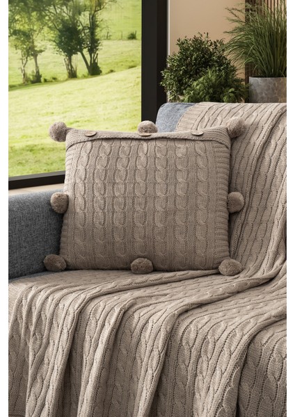 2'li Takım Ponponlu Triko Örme Kırlent Kılıfı & Tv Battaniyesi- Omuz & Koltuk Şalı Seti-Bej fiyatları