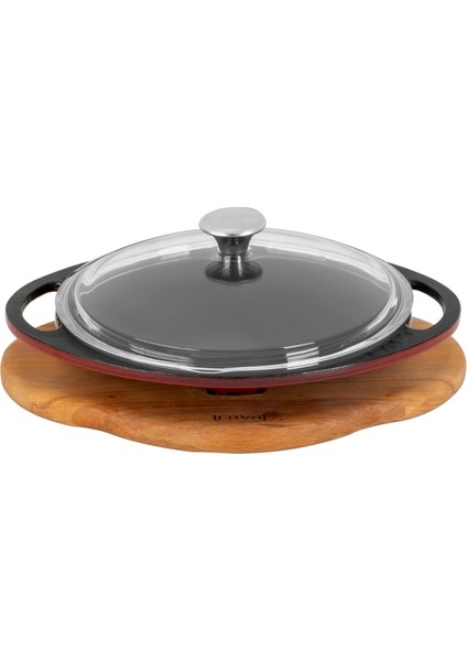 Döküm Yuvarlak Saç Kavurma Tavası Döküm Demir Yekpare Çift Kulplu Cam Kapaklı Kayın Servis Ahşabı ÇAP(Ø)20CM.-BORDO