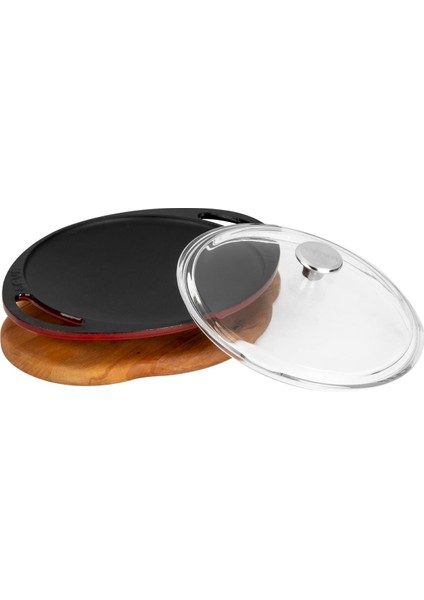 Döküm Yuvarlak Saç Kavurma Tavası Döküm Demir Yekpare Çift Kulplu Cam Kapaklı Kayın Servis Ahşabı ÇAP(Ø)20CM.-BORDO fiyatları