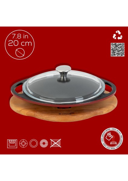 Döküm Yuvarlak Saç Kavurma Tavası Döküm Demir Yekpare Çift Kulplu Cam Kapaklı Kayın Servis Ahşabı ÇAP(Ø)20CM.-BORDO fırsatları