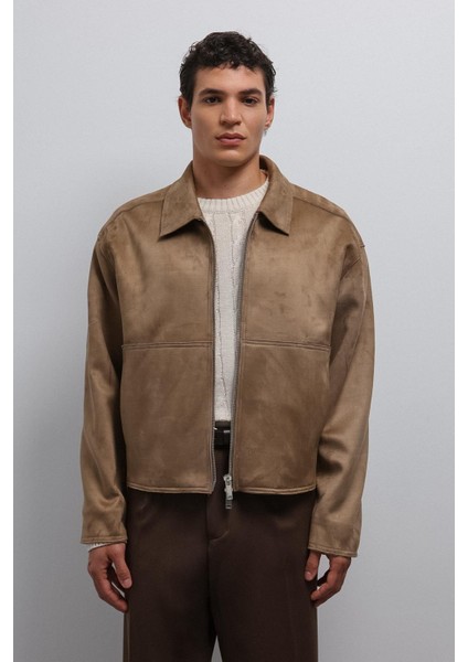 Bej Fermuarlı Suni Süet Erkek Mont