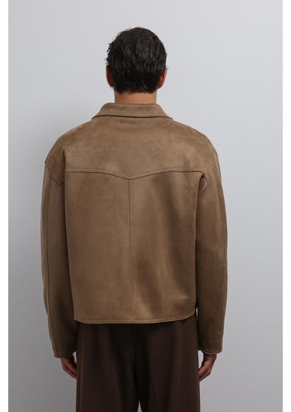 Bej Fermuarlı Suni Süet Erkek Mont