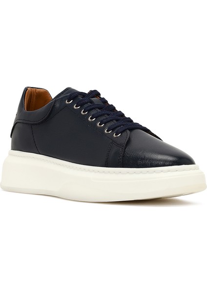Erkek Lacivert Bağcıklı Kalın Tabanlı Deri Sneaker 25WFD632318