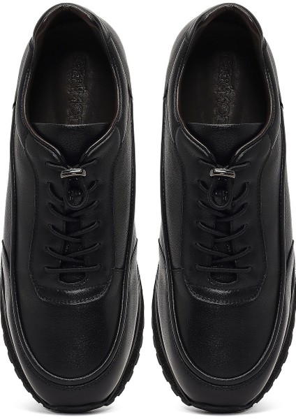 Erkek Siyah Bağcıklı Kalın Tabanlı Deri Casual Sneaker 25WFD695114