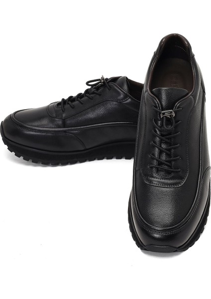 Erkek Siyah Bağcıklı Kalın Tabanlı Deri Casual Sneaker 25WFD695114