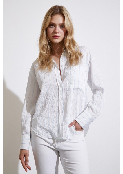 Çizgili Cepli Gömlek Mavi