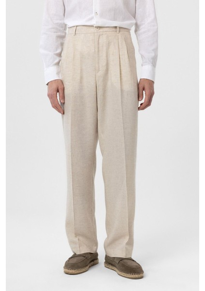 Ekru Keten Karışımlı Erkek Baggy Pantolon