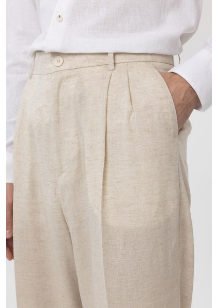 Ekru Keten Karışımlı Erkek Baggy Pantolon modelleri