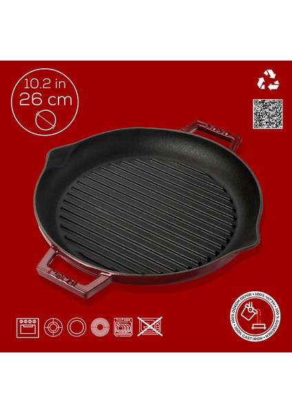 Döküm Yuvarlak Izgara Tavası Döküm Demir Yekpare Çift Kulplu ÇAP(Ø)26CM.-BORDO fırsatları