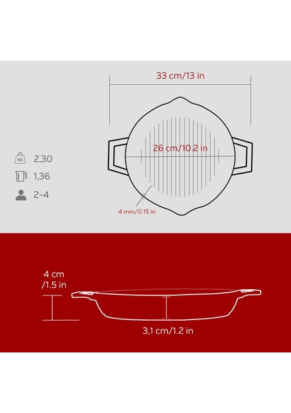 Döküm Yuvarlak Izgara Tavası Döküm Demir Yekpare Çift Kulplu ÇAP(Ø)26CM.-BORDO indirimleri