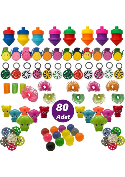 80 Adet Karışık Nostalji Oyuncak Eğlence Seti - Topaç-Yoyo-Top-Ipli Fırfır-Disk Atar-Stres Yayı