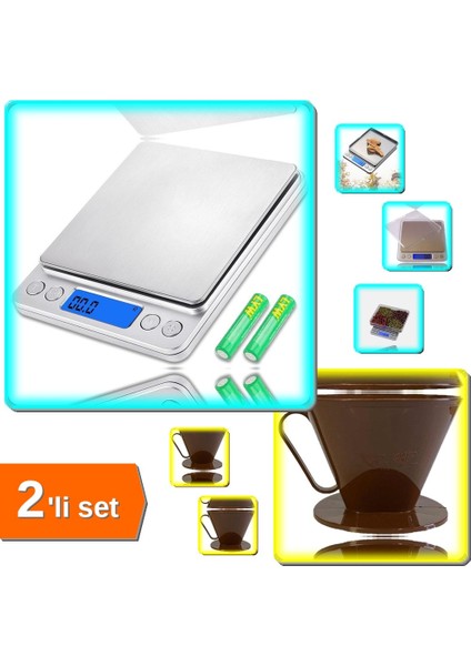 Kuyumcu Terazisi Profesyonel Dijital Hasas Mutfak Tartısı + V60 Driipper Kahve Demleme Aparatı 1A2B3C