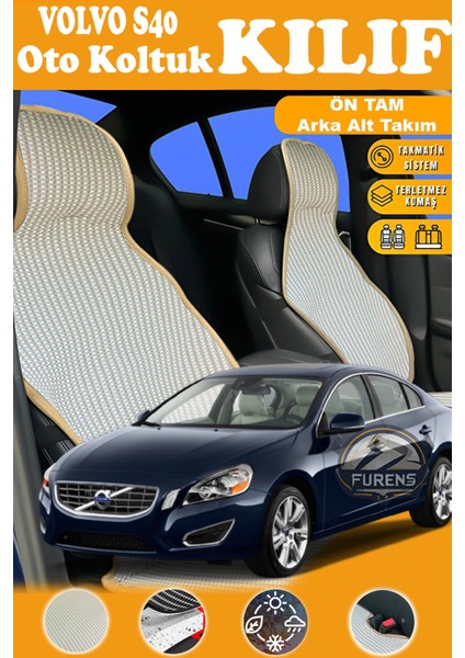 Volvo S40 Uyumlu Bej Prestij Serisi Dokuma Kumaş Oto Koltuk Kılıfı Ön Tam Arka Alt