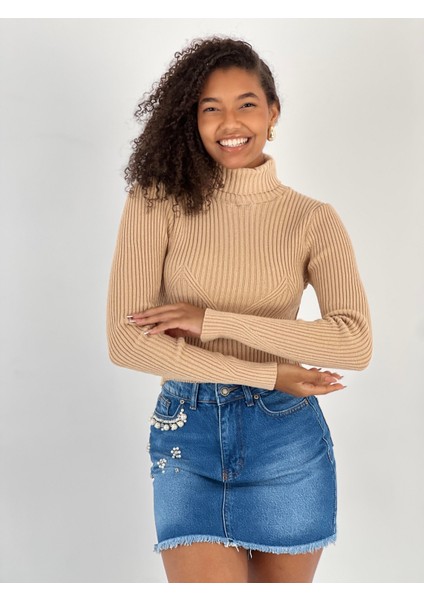 Kadın Boğazlı Yaka Fitilli Crop Bej Triko Bluz