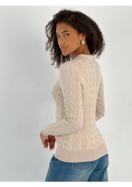 Kadın Polo Yaka Örgü Bej Triko Kazak fiyatları