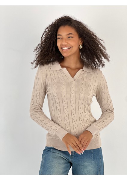 Kadın Polo Yaka Örgü Bej Triko Kazak fırsatları