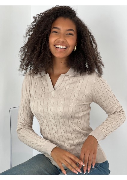 Kadın Polo Yaka Örgü Bej Triko Kazak indirimleri