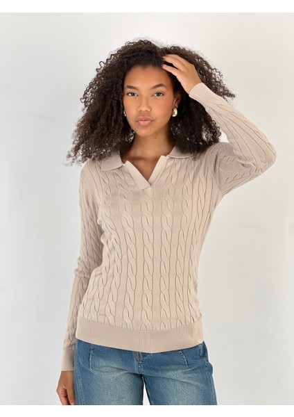 Kadın Polo Yaka Örgü Bej Triko Kazak