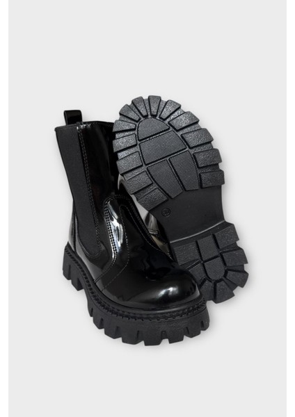 Kız Çocuk Lastik Detaylı Kalın Taban Bot Siyah - Siyah