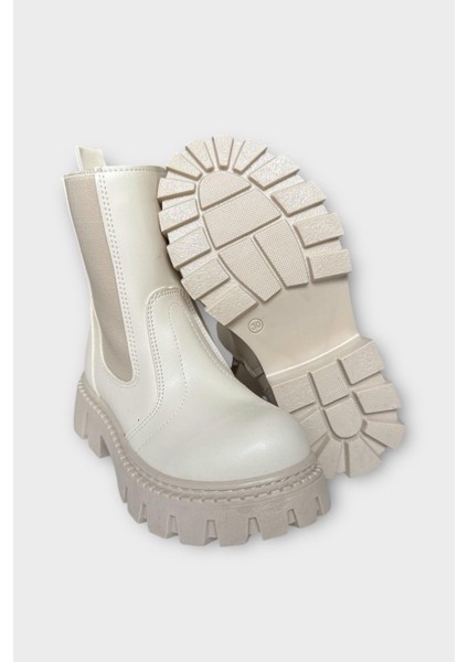 Kız Çocuk Lastik Detaylı Kalın Taban Bot Bej