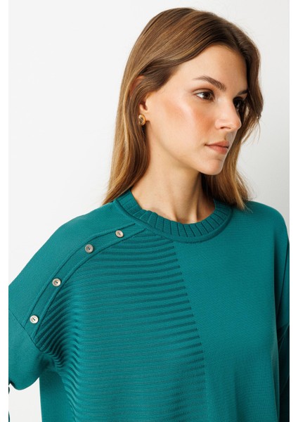 Omzu Düğme Detaylı Triko Tunik-Petrol