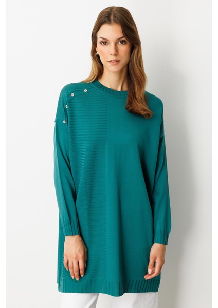 Omzu Düğme Detaylı Triko Tunik-Petrol fiyatları
