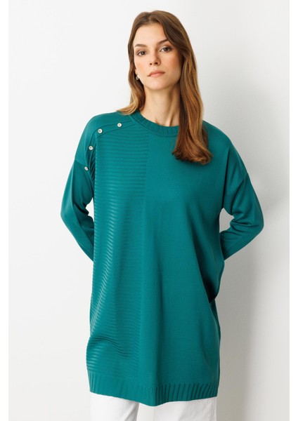 Omzu Düğme Detaylı Triko Tunik-Petrol fırsatları