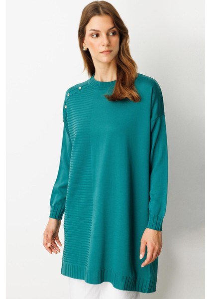 Omzu Düğme Detaylı Triko Tunik-Petrol indirimleri