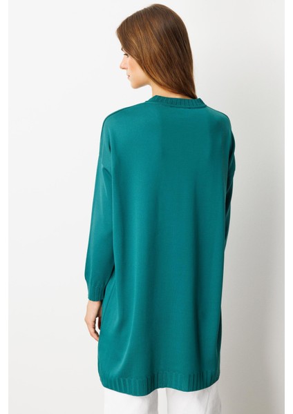 Omzu Düğme Detaylı Triko Tunik-Petrol