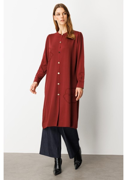 Çiçek Desenli Uzun Triko Hırka-Bordo