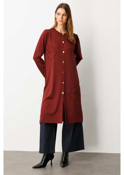 Çiçek Desenli Uzun Triko Hırka-Bordo fırsatları