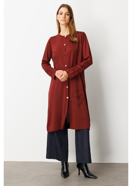 Çiçek Desenli Uzun Triko Hırka-Bordo indirimleri