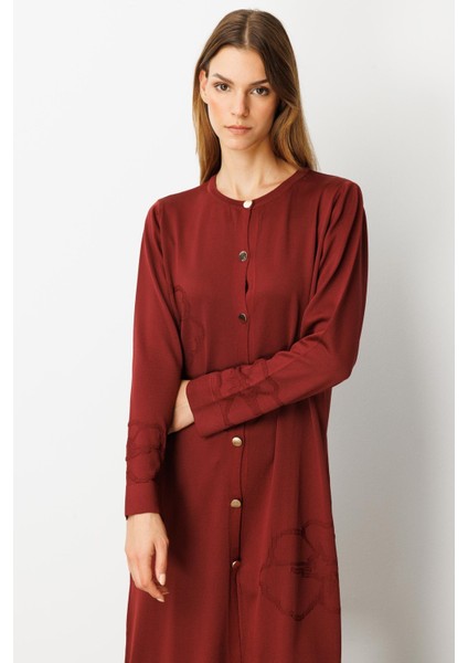 Çiçek Desenli Uzun Triko Hırka-Bordo