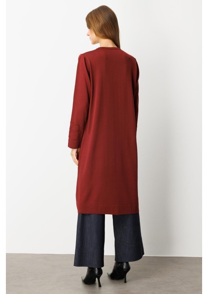 Çiçek Desenli Uzun Triko Hırka-Bordo