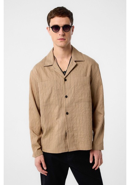 Açık Kahve Modal Kumaş Çizgili Erkek Gömlek